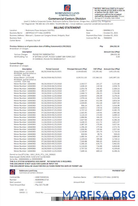 Downloadable PHILIPPINES ROBINSON LAND CORPORATION utility bill Word and PDF template